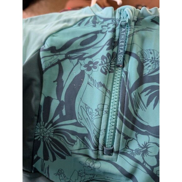 Athleta Girl Short Sleeve One Piece Rashguard Swimsuit Aqua Tropical, Small Sz 6 - Picture 4 of 5